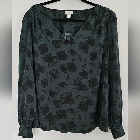 Ava & Viv Hunter green silk blouse w, black floral print. - Picture 1 of 6